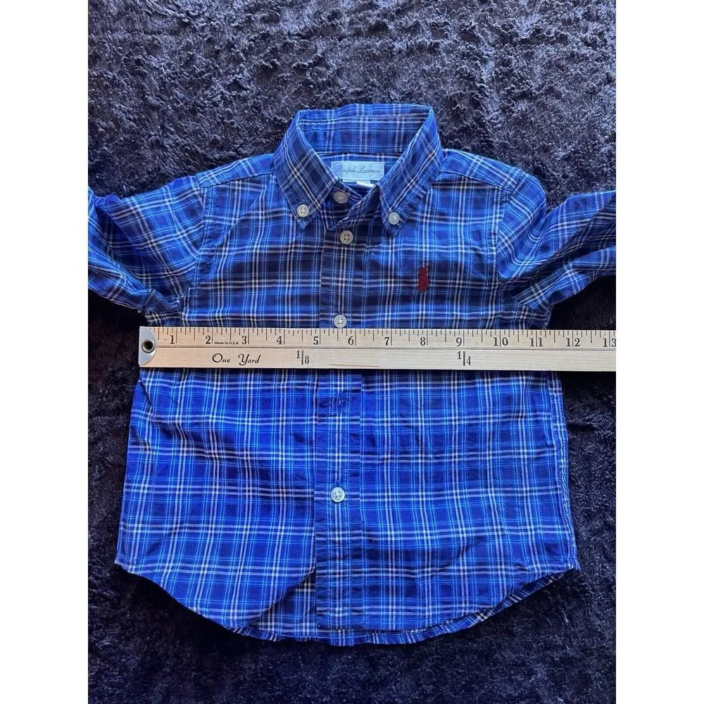 Ralph Lauren Boys Button-Up Blue Cotton Plaid Shirt Collar 12 Months‎